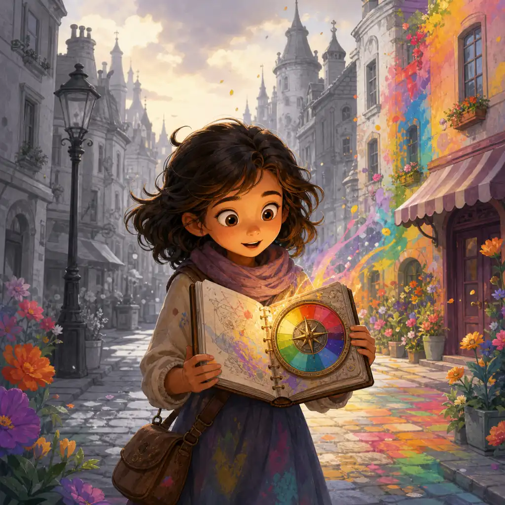 Mia discovers a color compass in the personalized illustrated story Mia and the City of Lost Colors